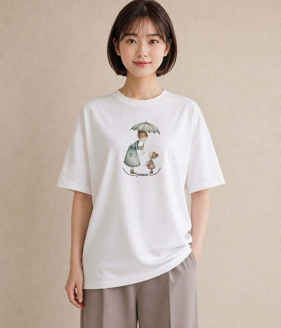 プリントTシャツ レディース 傘 水たまり 雨 ナチュラル アンティーク イラスト カフェコーデ ルームウェア ギフト 白T
