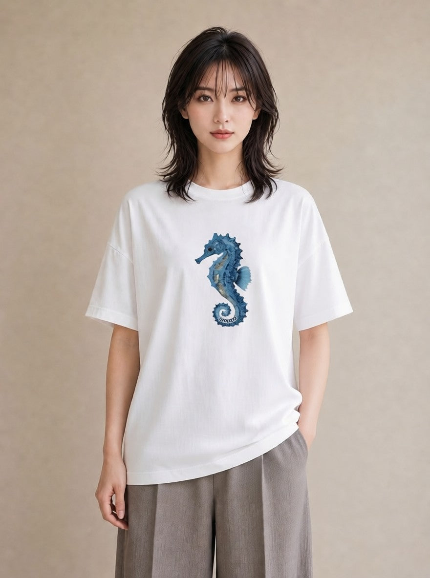 プリントTシャツ レディース タツノオトシゴ 海の生き物 海 イラスト こなれ感 社会人 女性 白T