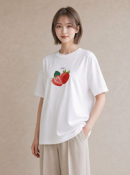 半袖Tシャツ レディース ショートケーキ 食べ物 フード イラスト ラフ レイヤード 友達ギフト 白T