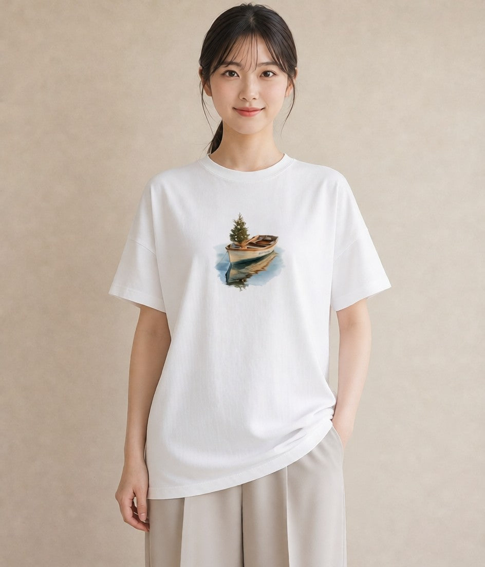 デザインTシャツ レディース 桟橋 水辺 波止場 ナチュラル アンティーク イラスト お洒落 春服 ミセス 白T