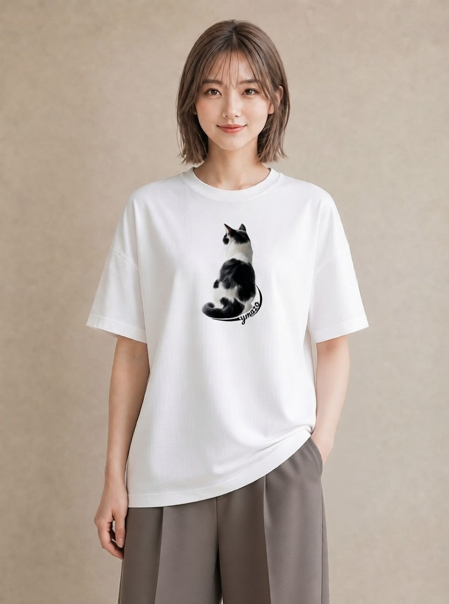 プリントTシャツ レディース メインクーン 猫 ねこ イラスト ラフカジュアル 自分用 ルームウェア 白T