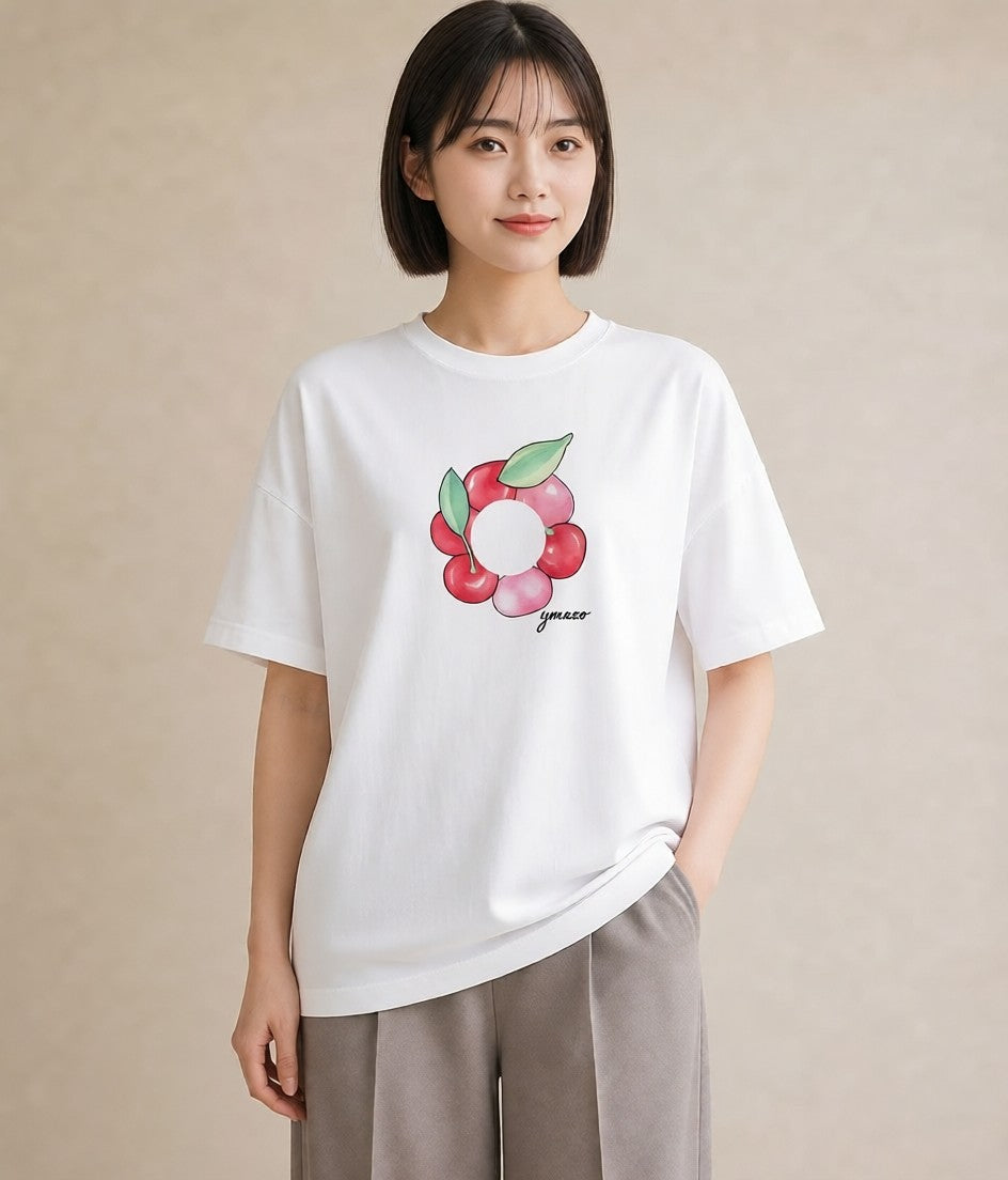 グラフィックTシャツ レディース さくらんぼ チェリー 食べ物 フード イラスト 抜け感 公園 ママ 白T