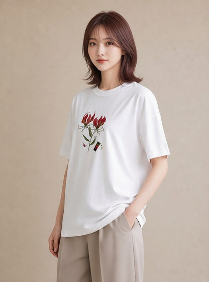 グラフィックTシャツ レディース 彼岸花 花 花柄 イラスト こなれ感 普段着 週末コーデ 白T