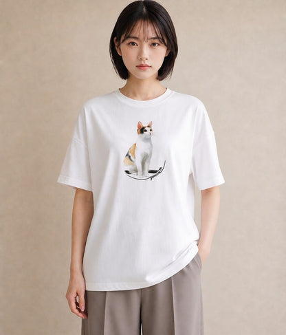 Tシャツ レディース 猫 ねこ イラスト ガーリー ペアコーデ 秋コーデ 白T