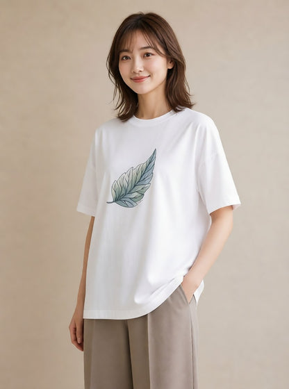 半袖Tシャツ レディース 葉っぱ 植物 ボタニカル イラスト ポップ カジュアルコーデ 買い物 白T