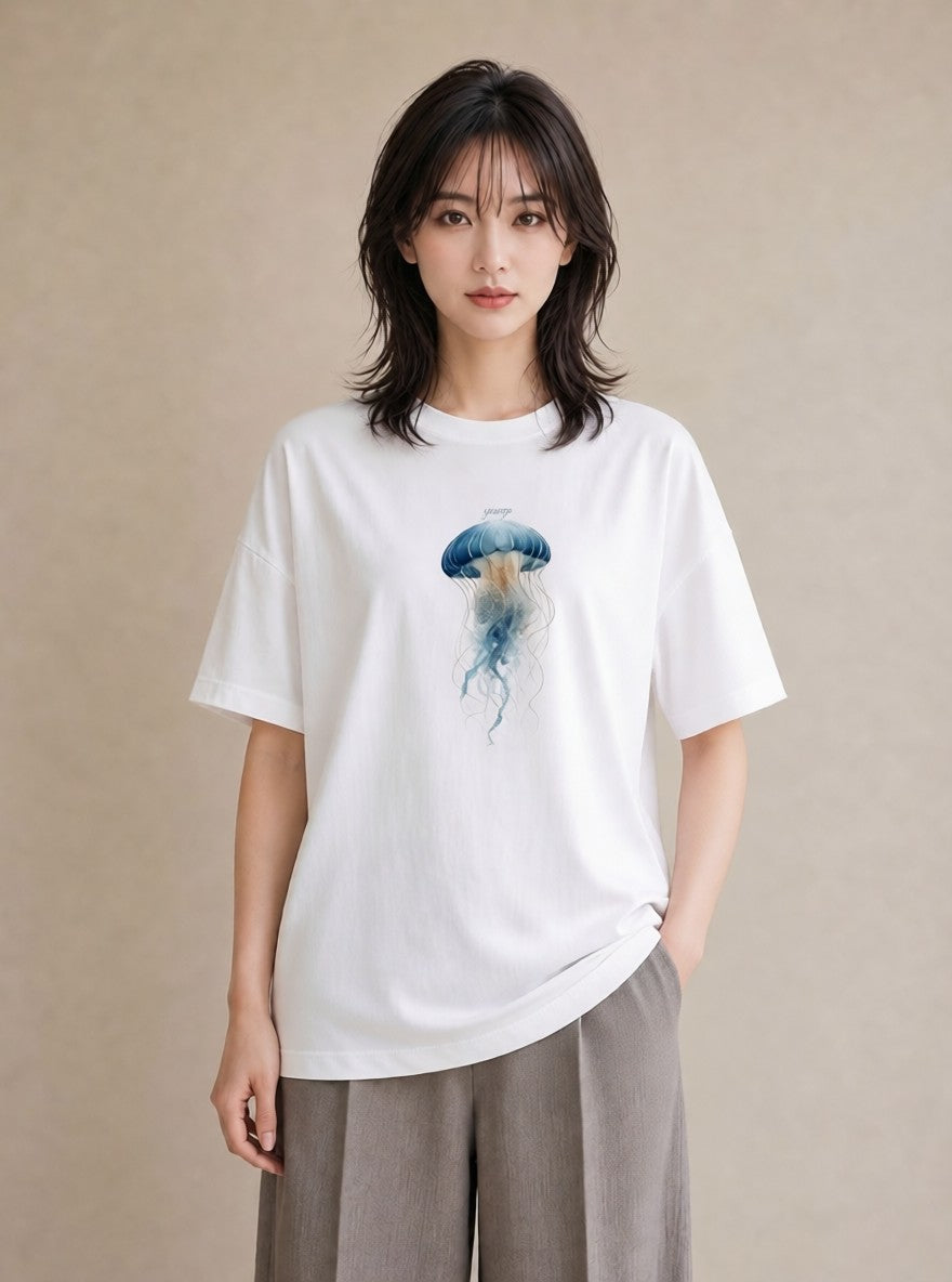 プリントTシャツ レディース くらげ クラゲ 海の生き物 海 イラスト ガーリー 部屋着 女性向けギフト 白T