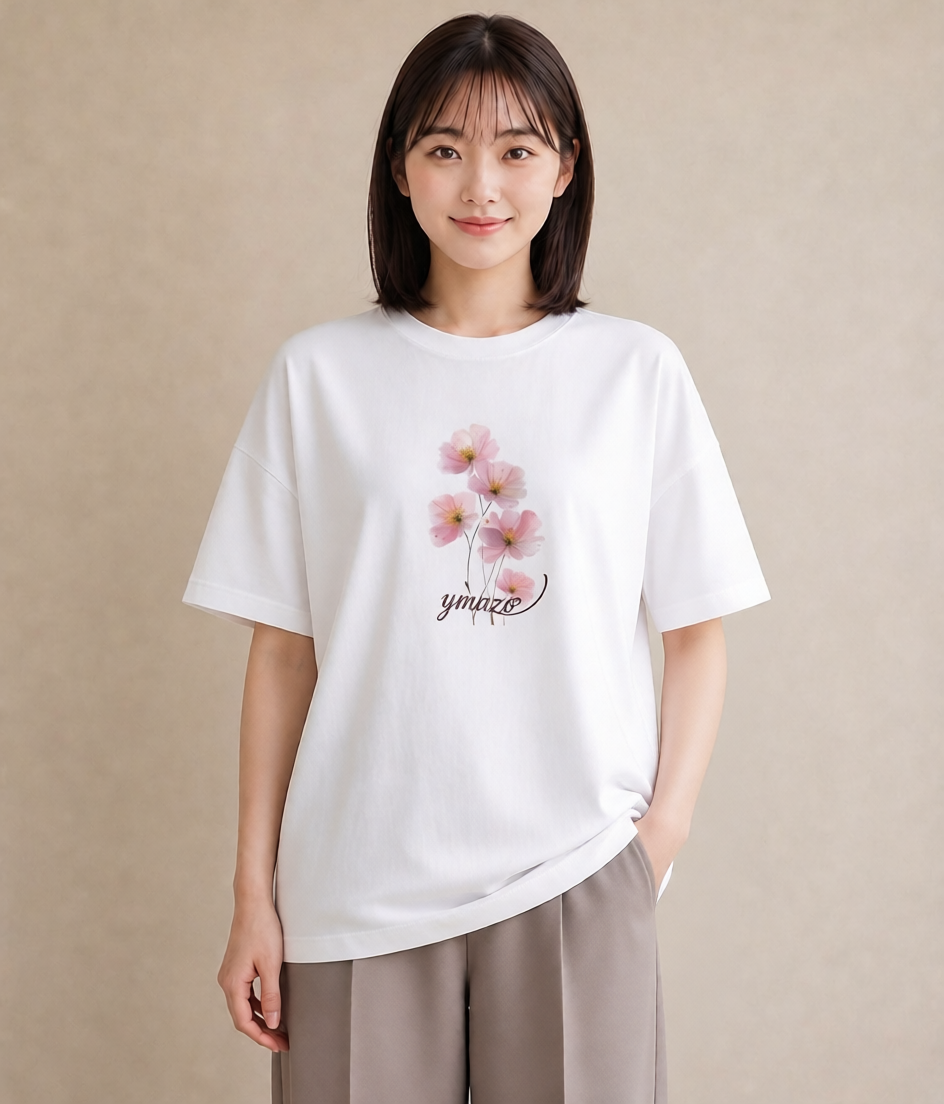 デザインTシャツ レディース コスモス 秋桜 花 花柄 イラスト 北欧風 帰省 ラフ 白T