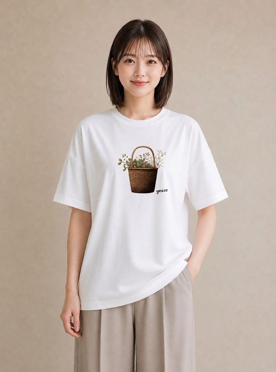 プリントTシャツ レディース 自転車のかご 自転車 花かご ナチュラル アンティーク イラスト 社会人 女性 白T