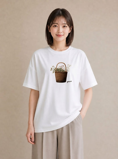 プリントTシャツ レディース 自転車のかご 自転車 花かご ナチュラル アンティーク イラスト 社会人 女性 白T