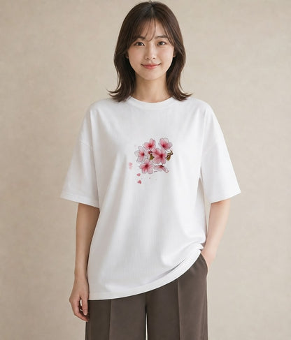 グラフィックTシャツ レディース 梅 花 花柄 イラスト 休日コーデ 自分用 ルームウェア 白T