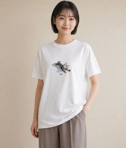 デザインTシャツ レディース 猫の手 猫 ねこ イラスト 水彩風 散歩 お出かけ 白T