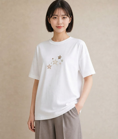 半袖Tシャツ レディース 流れ星 星空 宇宙 イラスト ポップ レイヤード 友達ギフト 白T