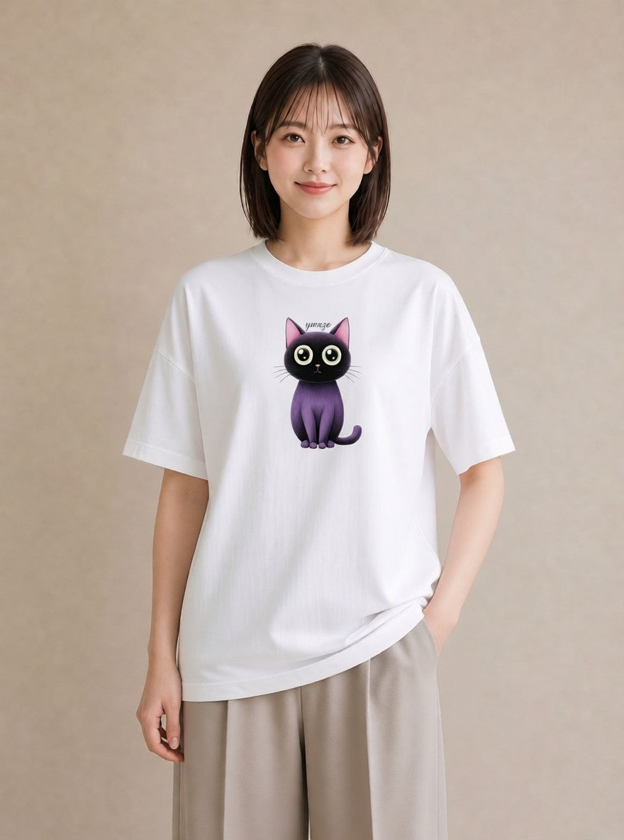 半袖Tシャツ レディース ニャンコ 猫 ねこ イラスト 淡色 夏コーデ 通学 白T
