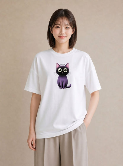 半袖Tシャツ レディース ニャンコ 猫 ねこ イラスト 淡色 夏コーデ 通学 白T