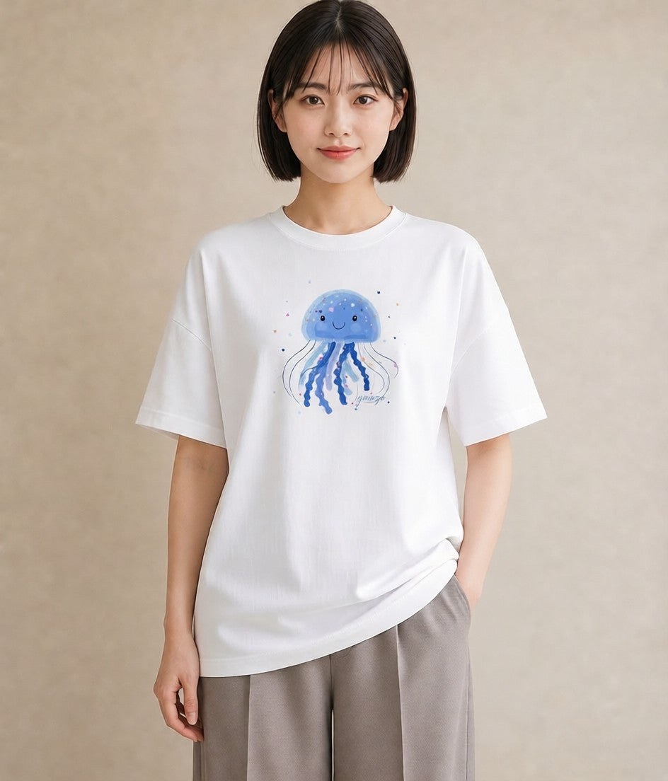Tシャツ レディース くらげ クラゲ 海の生き物 海 イラスト 抜け感 デイリーウェア 休日 白T