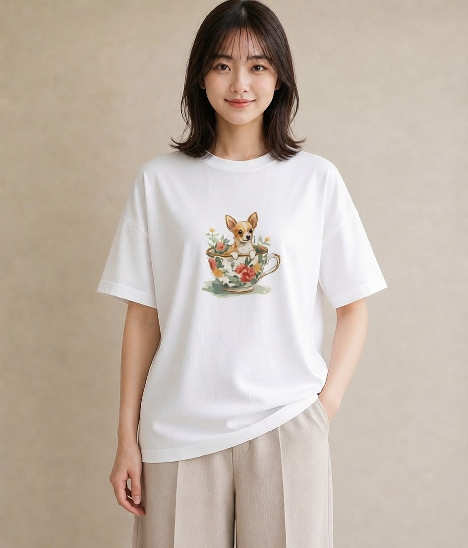 グラフィックTシャツ レディース チワワ 犬 いぬ イラスト きれいめカジュアル 友達ギフト 部屋着 白T