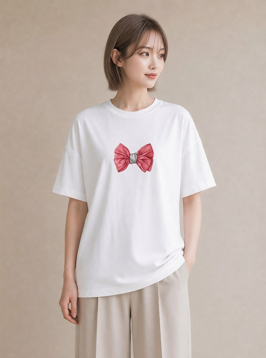 デザインTシャツ レディース リボン 蝶結び ナチュラル アンティーク イラスト 淡色 お揃い 親子 白T