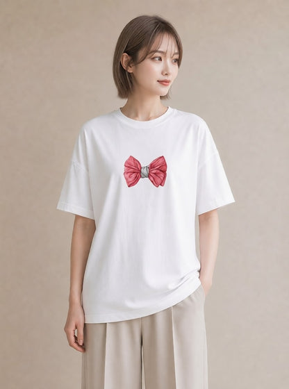デザインTシャツ レディース リボン 蝶結び ナチュラル アンティーク イラスト 淡色 お揃い 親子 白T