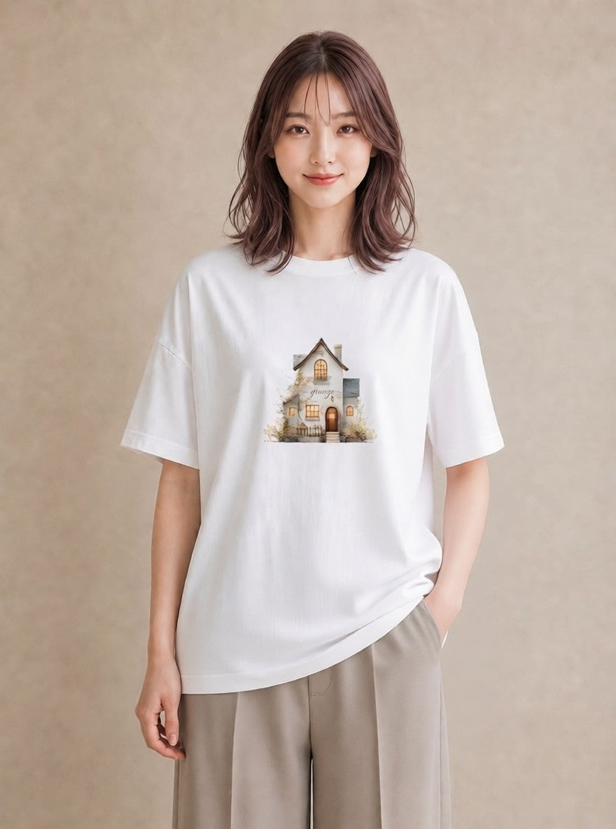 プリントTシャツ レディース 湖畔の小屋 湖 小屋 ナチュラル アンティーク イラスト 水彩風 ルームウェア ギフト 白T