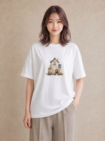 プリントTシャツ レディース 湖畔の小屋 湖 小屋 ナチュラル アンティーク イラスト 水彩風 ルームウェア ギフト 白T
