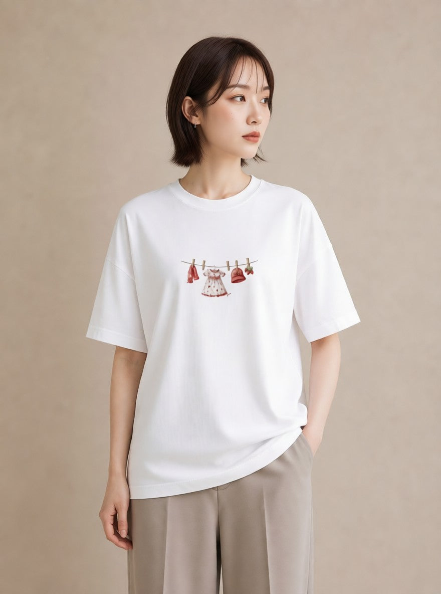 半袖Tシャツ レディース 洗濯物 風 ナチュラル アンティーク イラスト 抜け感 友達ギフト 部屋着 白T