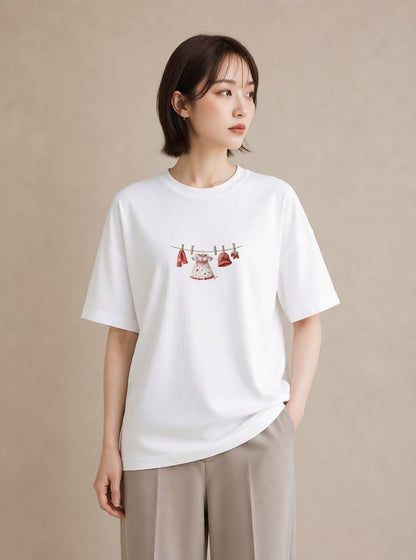 半袖Tシャツ レディース 洗濯物 風 ナチュラル アンティーク イラスト 抜け感 友達ギフト 部屋着 白T