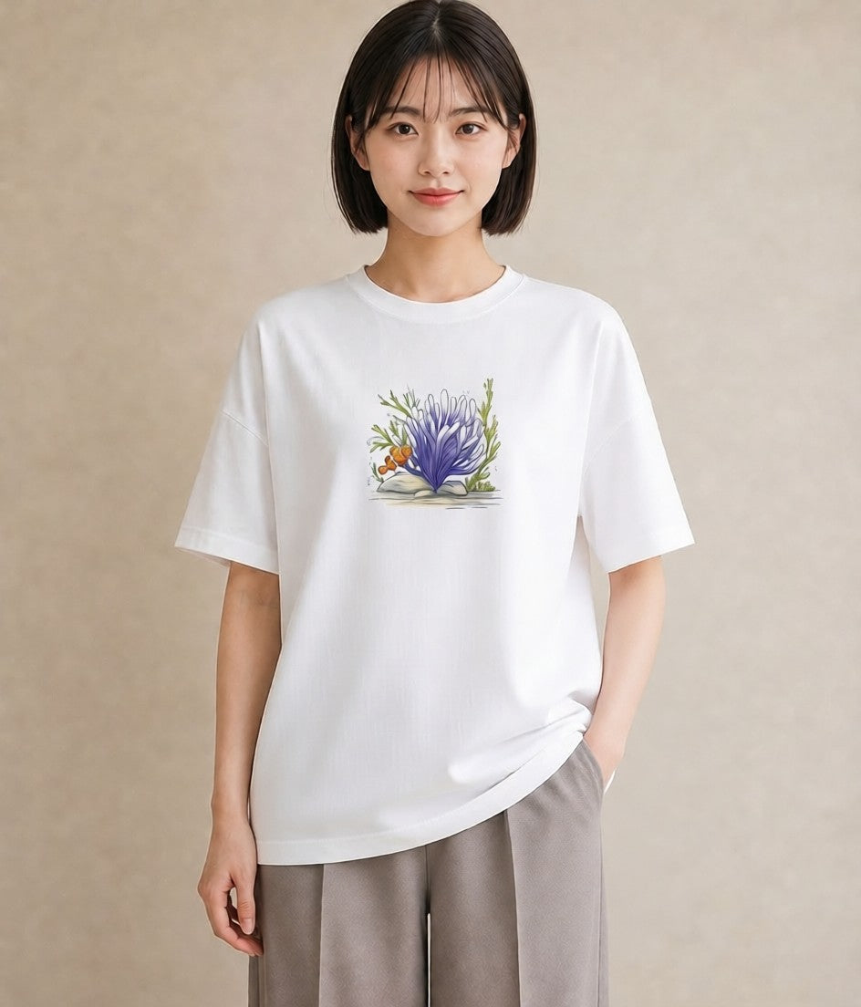 半袖Tシャツ レディース サンゴ 海の生き物 海 イラスト ユニーク 帰省 ラフ 白T