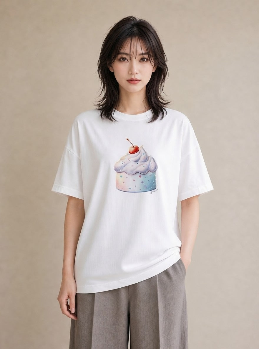 Tシャツ レディース プリン 食べ物 フード イラスト モード 公園 ママ 白T