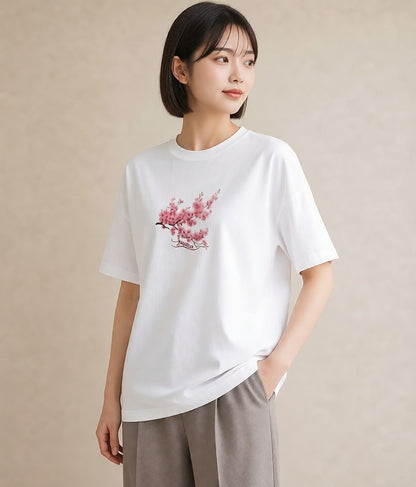 デザインTシャツ レディース 梅 花 花柄 イラスト 休日コーデ ホワイトデー 春服 白T