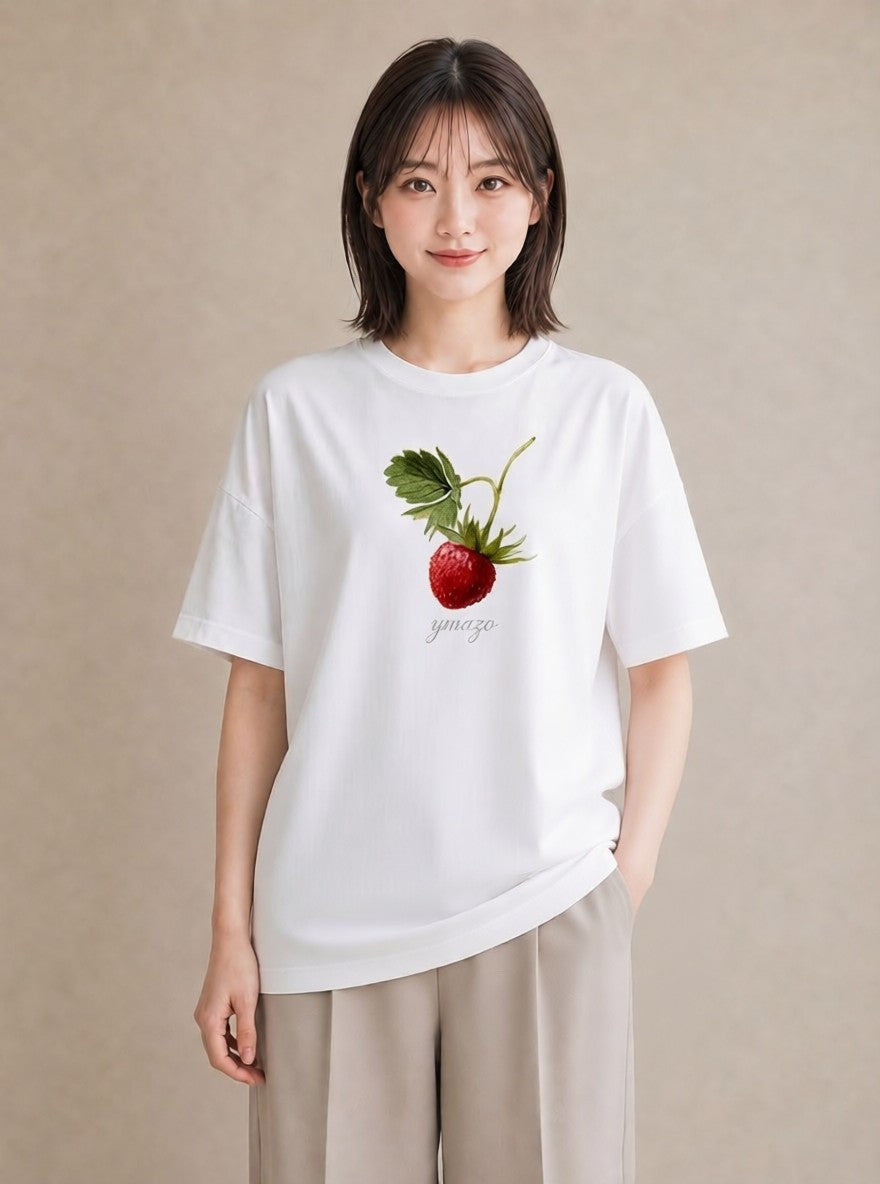 半袖Tシャツ レディース いちご 苺 ストロベリー 食べ物 フード イラスト 韓国風 春服 ミセス 白T