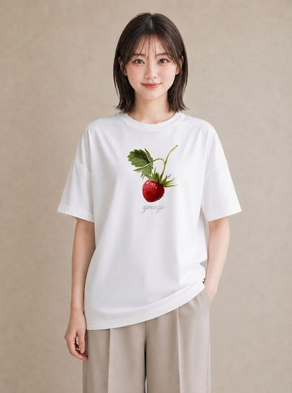 半袖Tシャツ レディース いちご 苺 ストロベリー 食べ物 フード イラスト 韓国風 春服 ミセス 白T