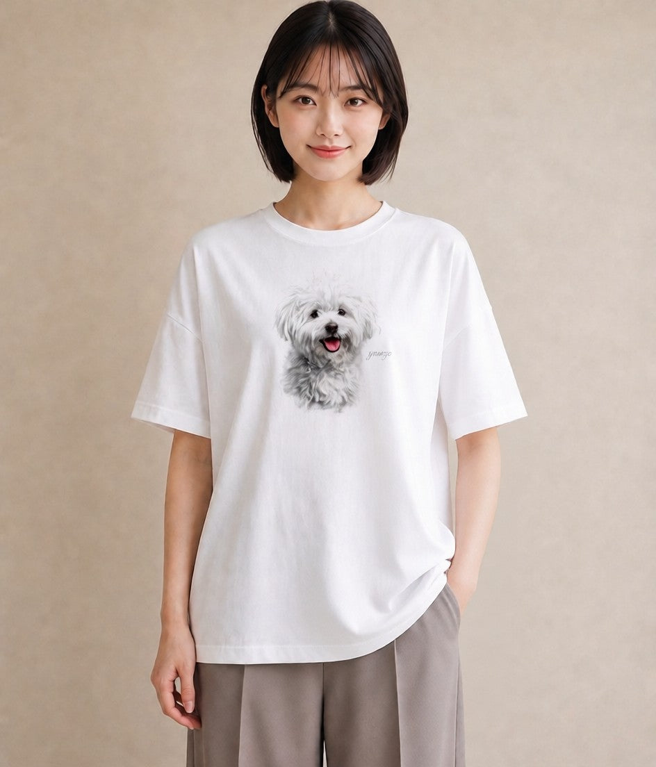 半袖Tシャツ レディース ビションフリーゼ 犬 いぬ イラスト ニュアンス 公園 ママ 白T