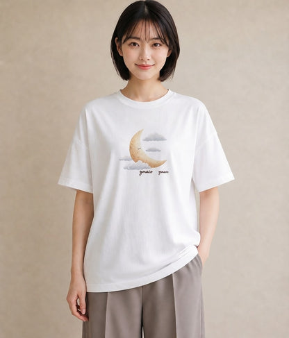 半袖Tシャツ レディース 三日月 星空 宇宙 イラスト モード ビーチ デイリーウェア 白T