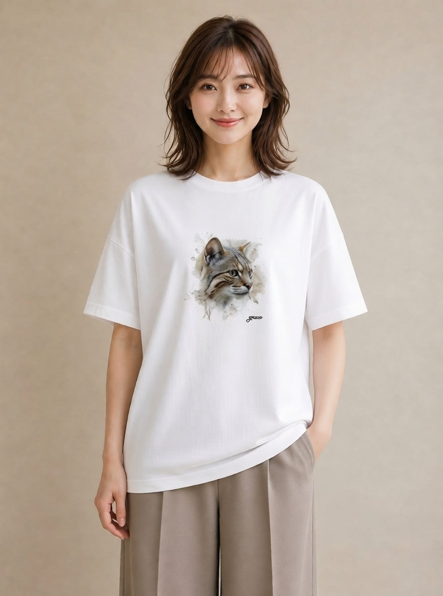 プリントTシャツ レディース キジトラ 猫 ねこ イラスト 個性的 ラフ レイヤード 白T