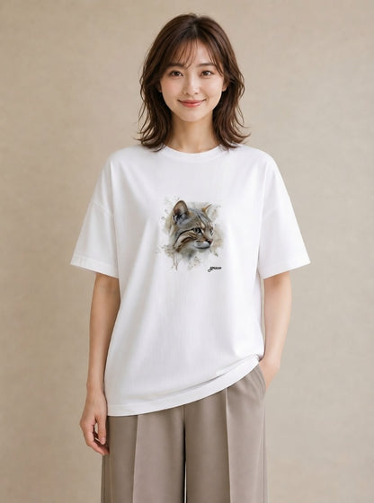 プリントTシャツ レディース キジトラ 猫 ねこ イラスト 個性的 ラフ レイヤード 白T