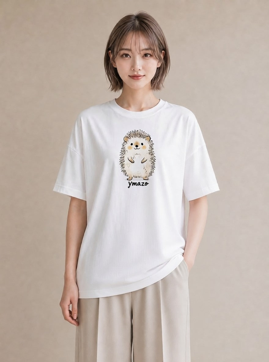 半袖Tシャツ レディース ハリネズミ ペット 動物 イラスト カジュアル 友達ギフト 部屋着 白T