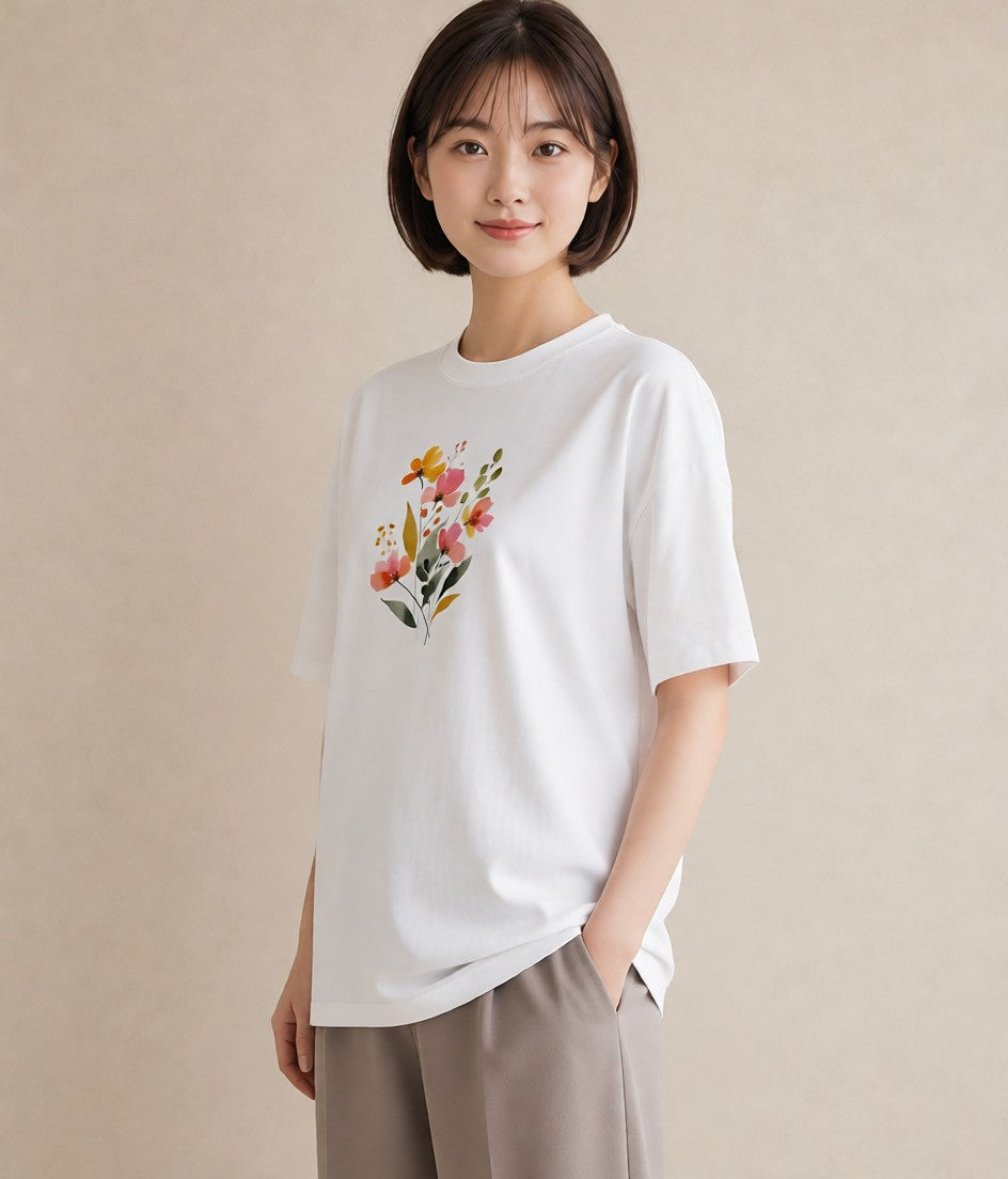 Tシャツ レディース ミモザ 花 花柄 イラスト カジュアル 春コーデ 姉妹 白T