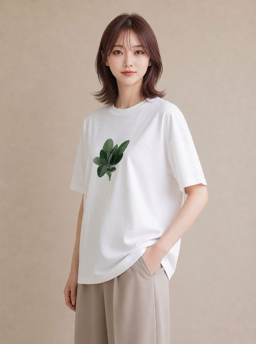 デザインTシャツ レディース ハーブ 植物 ボタニカル イラスト 水彩風 春服 ミセス 白T