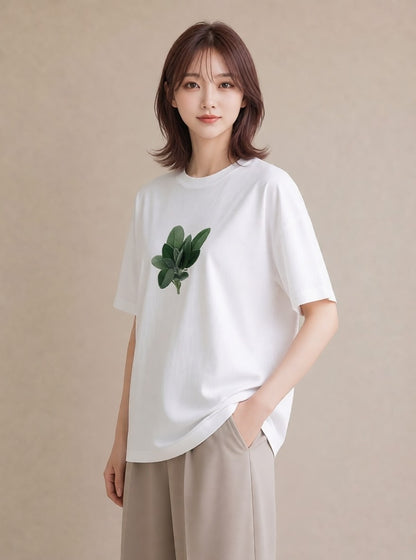 デザインTシャツ レディース ハーブ 植物 ボタニカル イラスト 水彩風 春服 ミセス 白T