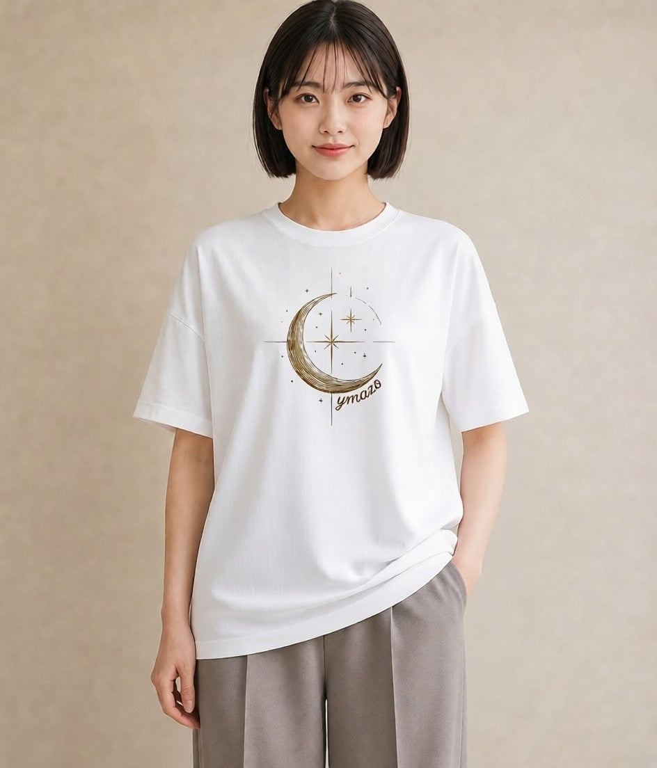 Tシャツ レディース 月と星 星空 ムーン イラスト シック お出かけ 普段着 白T