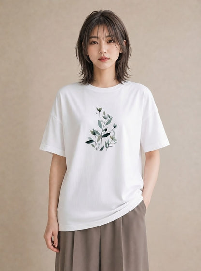 グラフィックTシャツ レディース 苔 植物 ボタニカル イラスト ユニーク 自分用 ルームウェア 白T