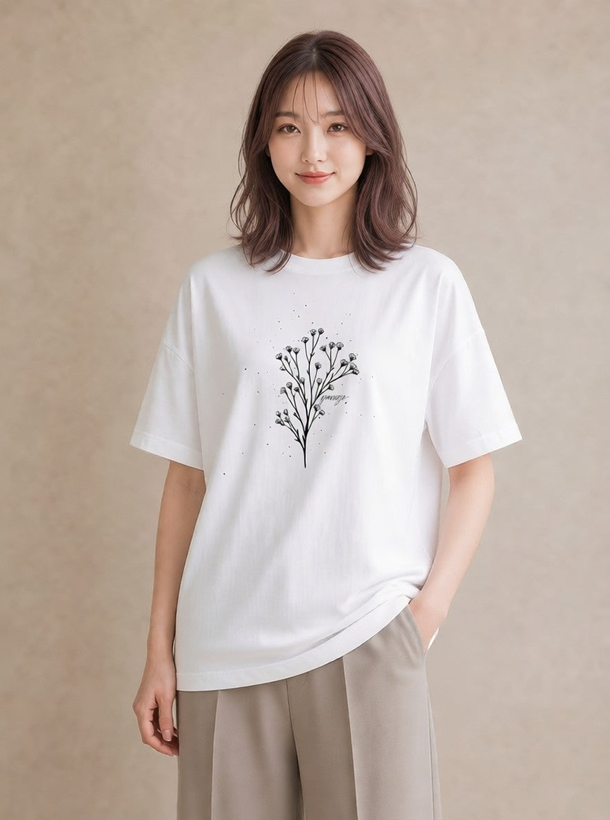 デザインTシャツ レディース 小花 花 フラワー イラスト カフェコーデ 在宅 公園 白T