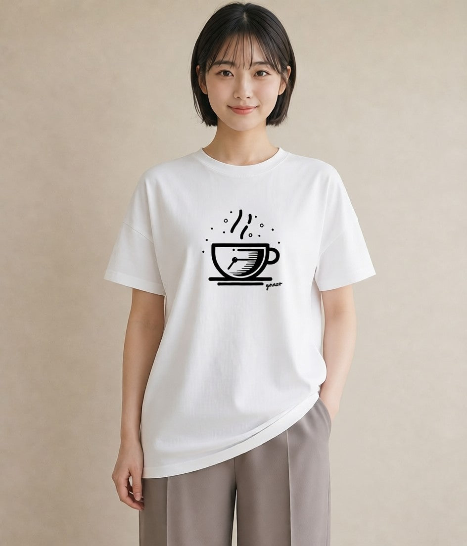 半袖Tシャツ レディース コーヒー カフェ 珈琲 イラスト 手描き風 普段着 週末コーデ 白T