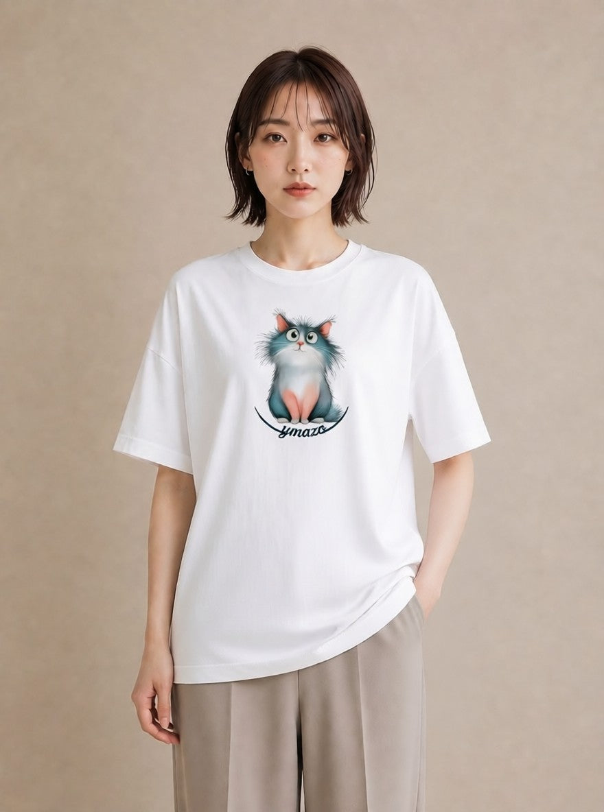半袖Tシャツ レディース ねこ 猫 ネコ イラスト 韓国風 部屋着 女性向けギフト 白T