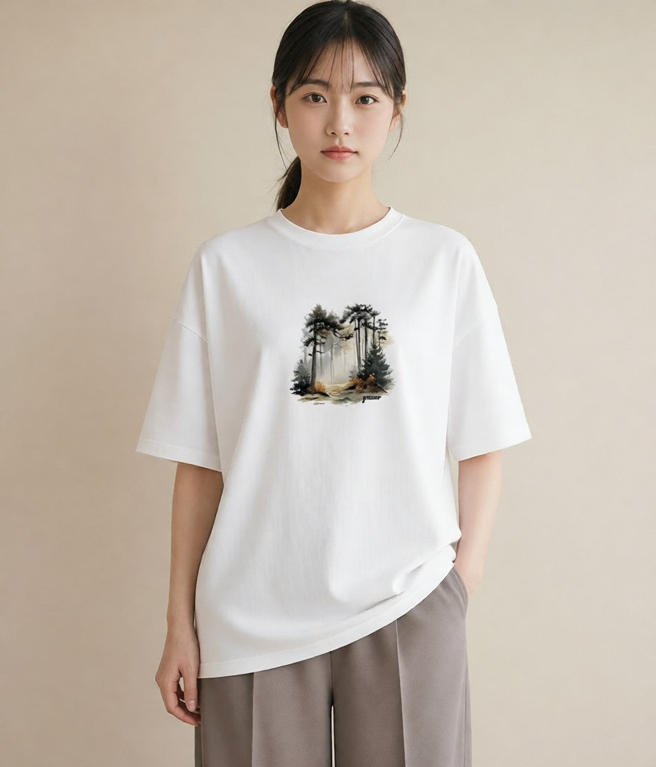Tシャツ レディース 雨上がりの小道 雨上がり 小道 ナチュラル アンティーク イラスト 可愛い 春コーデ 姉妹 白T