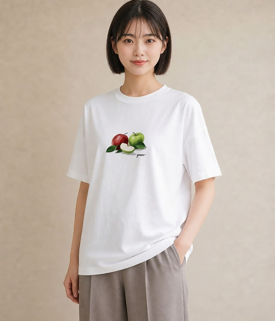 半袖Tシャツ レディース りんご 林檎 アップル 食べ物 フード イラスト 通学 誕生日プレゼント 白T