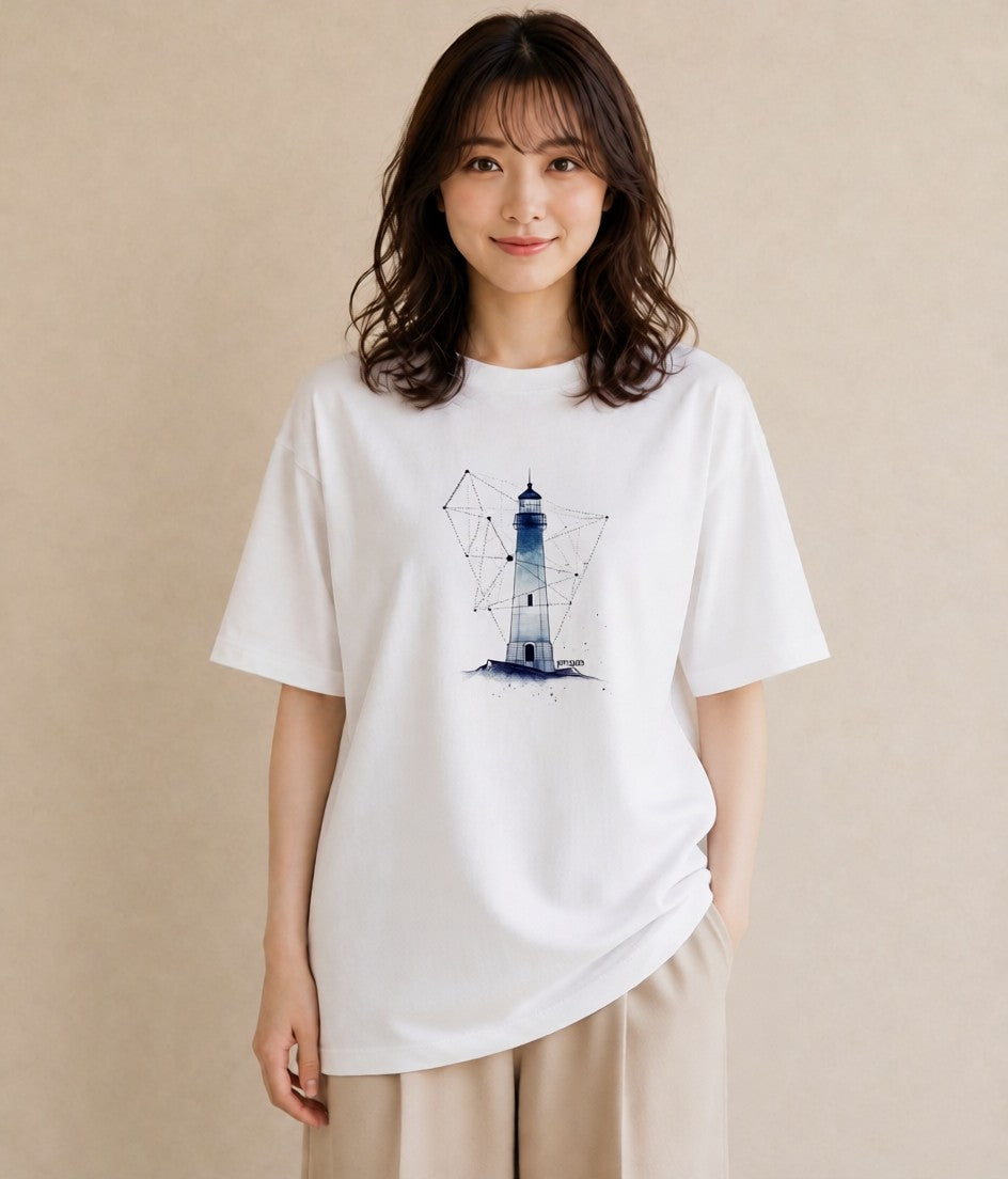 Tシャツ レディース 灯台 霧 海 ナチュラル アンティーク イラスト ラフカジュアル カフェ巡り 女子会 白T
