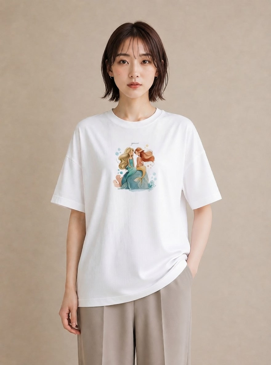 プリントTシャツ レディース 人魚 海の生き物 海 イラスト 韓国風 帰省 ラフ 白T