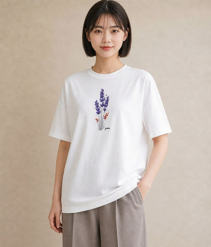 Tシャツ レディース ラベンダー 花 花柄 イラスト ミニマル ラフ レイヤード 白T