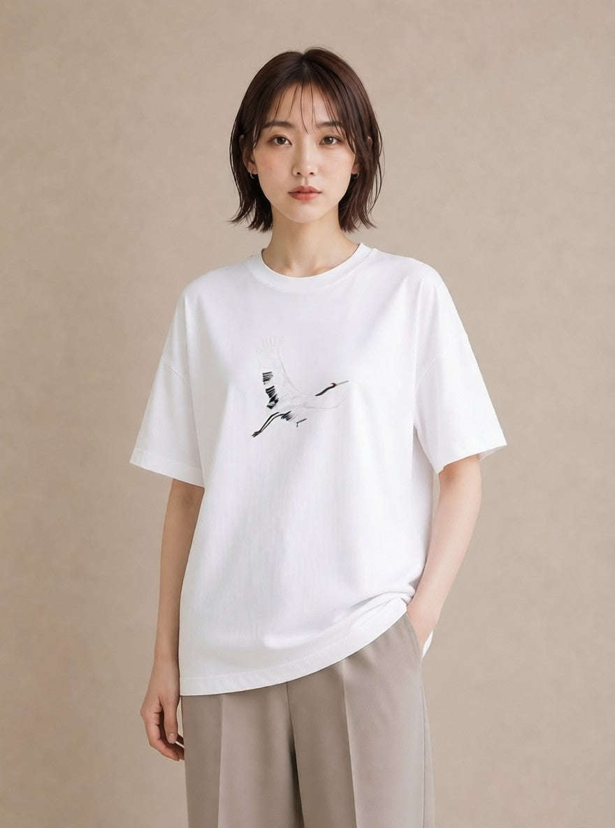 グラフィックTシャツ レディース 折り鶴 折り紙 ナチュラル アンティーク イラスト 個性的 ラフ レイヤード 白T
